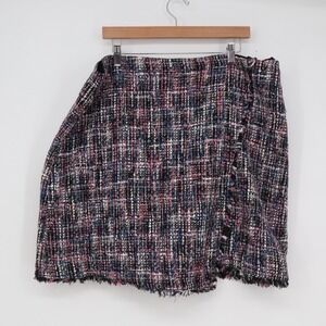 Loft Plus Size 18 Tweed Wrap Mini Skirt Multi-Color Fringe Hem Bouclé Plaid